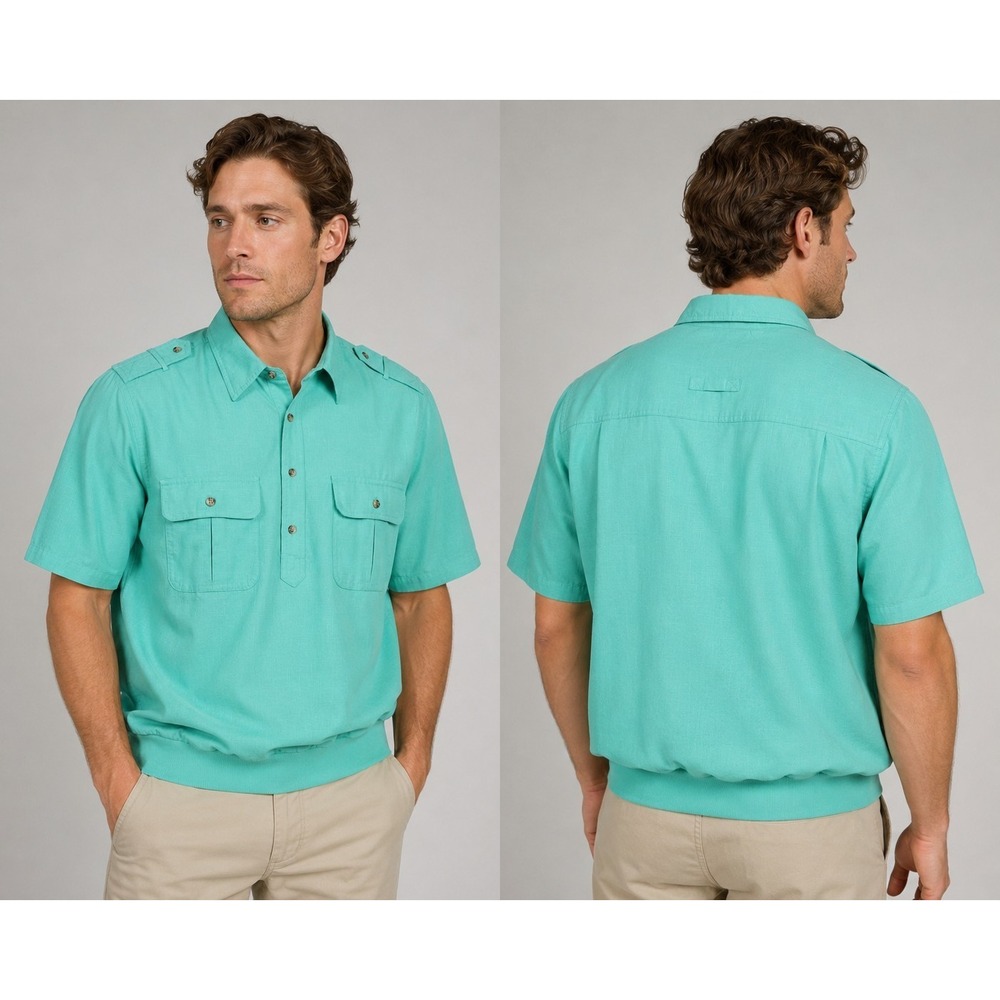 Johnβ Blair Men's Mint Green Short Sleeve Banded Bottom Shirt Size L Safari Camp